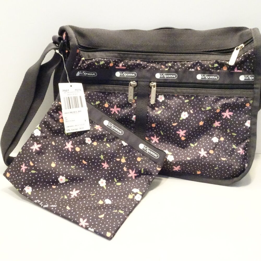 Vtg LeSportSac Black Deluxe Everyday Expandable Crossbody Purse Fruity Petals